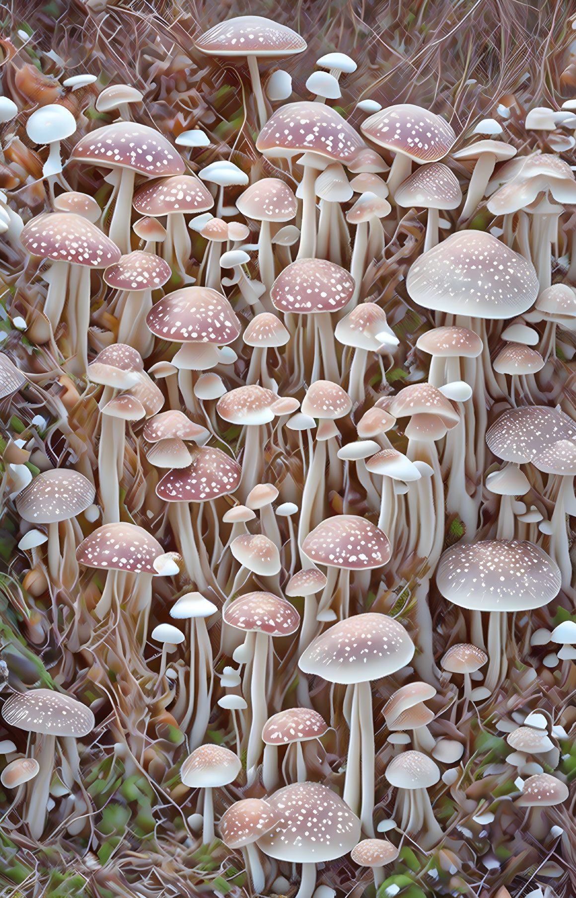 Cluster of slender-stemmed brown-capped mushrooms in forest underbrush