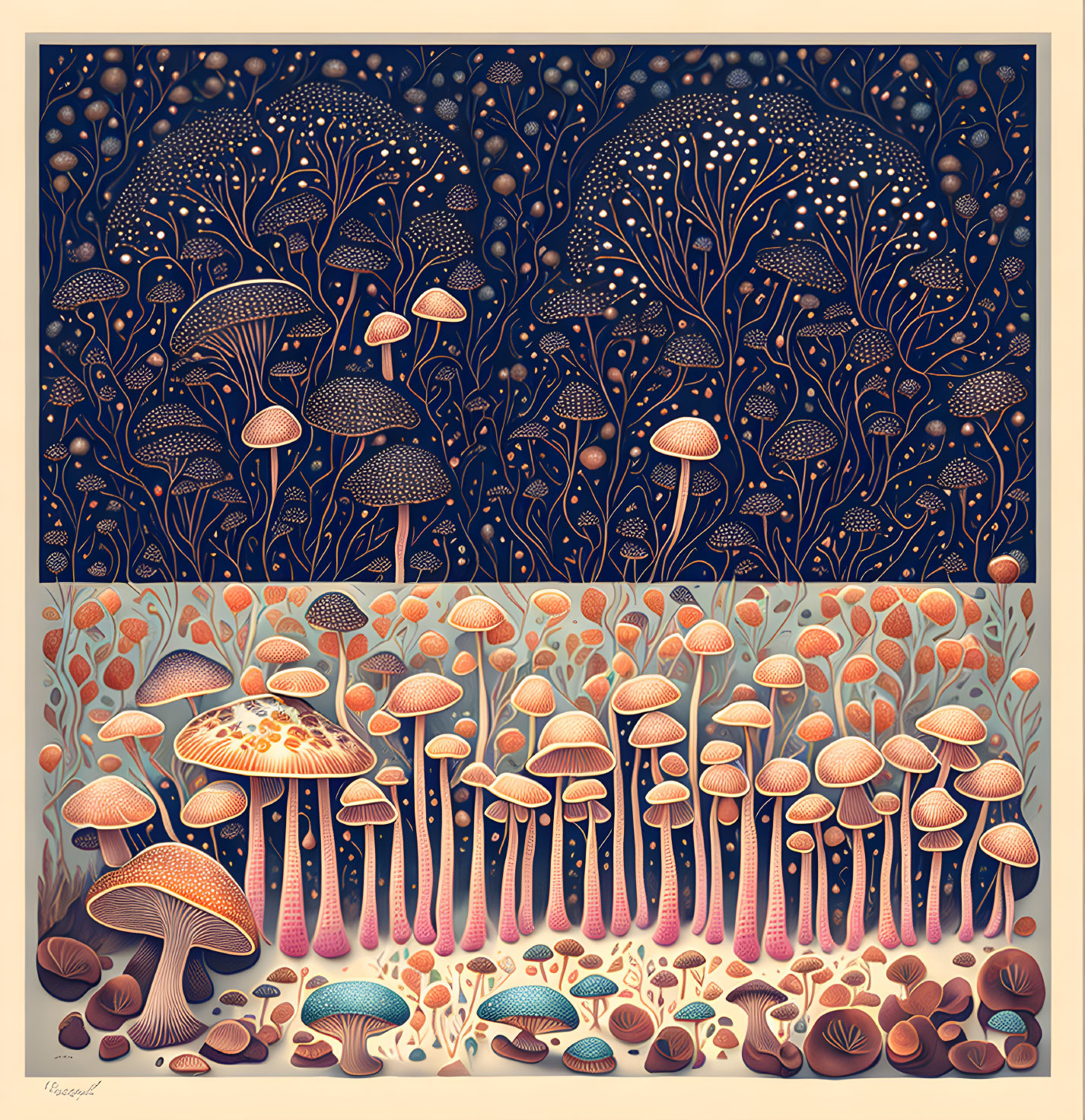 Stylized mushroom variety on dark backdrop with plant silhouettes