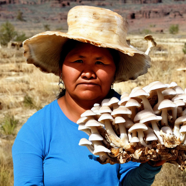 Woman in wide-brimmed hat holding cluster of mushrooms in dry landscape