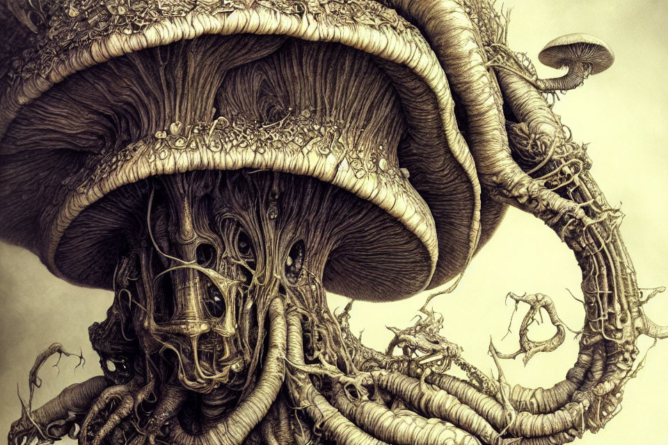 Detailed Surreal Mushroom Structure with Organic Shapes and Textures