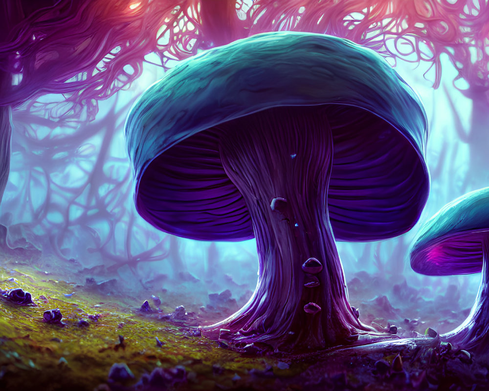 Fantastical forest scene with oversized purple and blue mushrooms and mystical purple haze