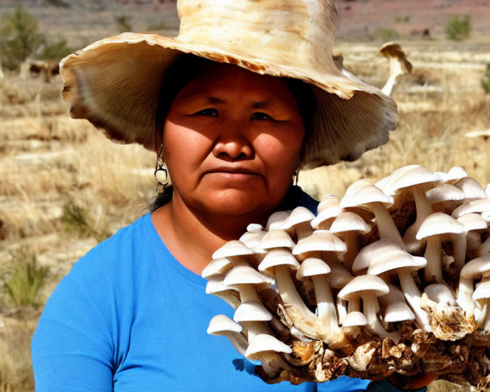 Woman in wide-brimmed hat holding cluster of mushrooms in dry landscape