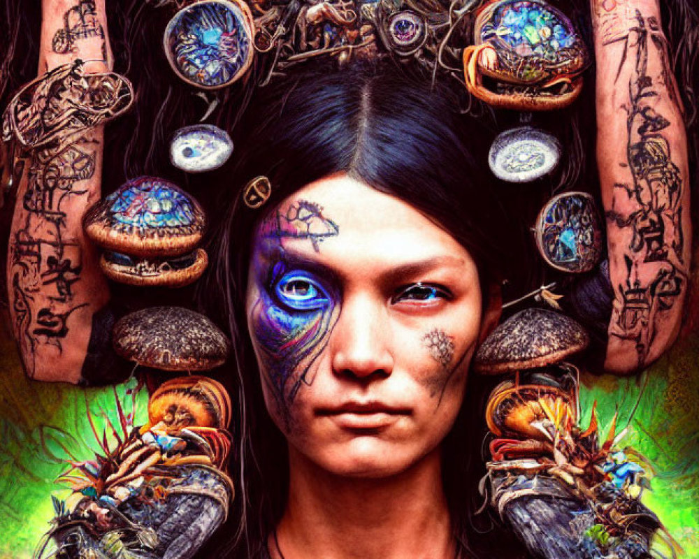 Mystical portrait of a woman with body art and ornate jewelry