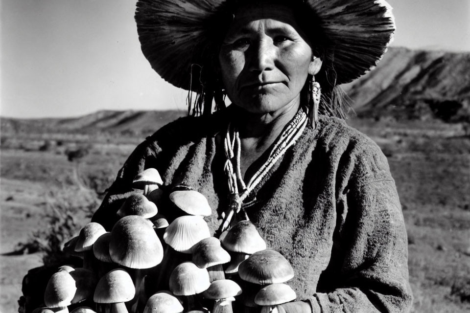 Monochrome photo of person with wide-brimmed hat holding mushrooms