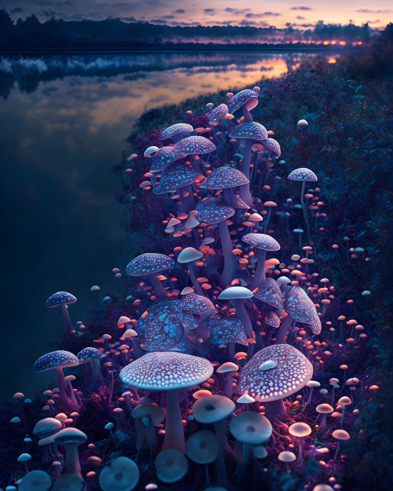 Glowing mushrooms by tranquil lake at dusk