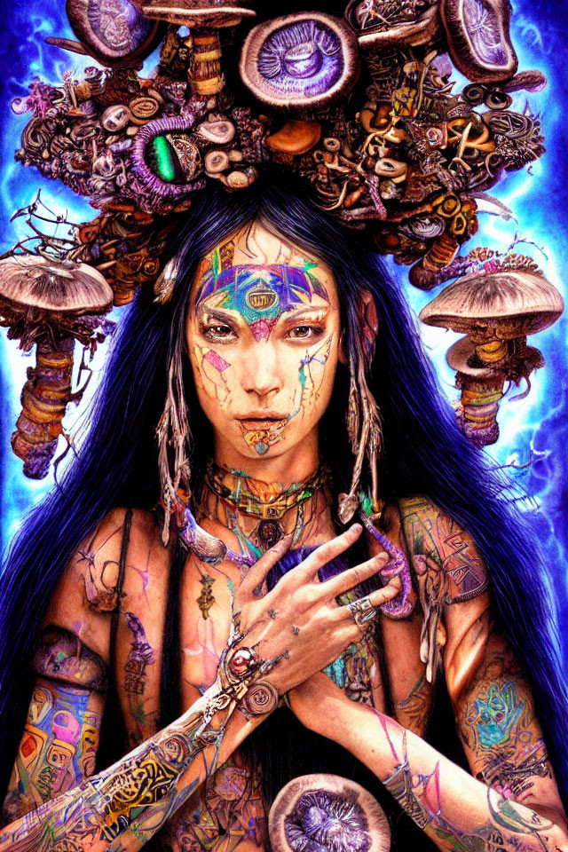 Detailed illustration of a person with tattoos, body paint, and mushroom headdress on blue background