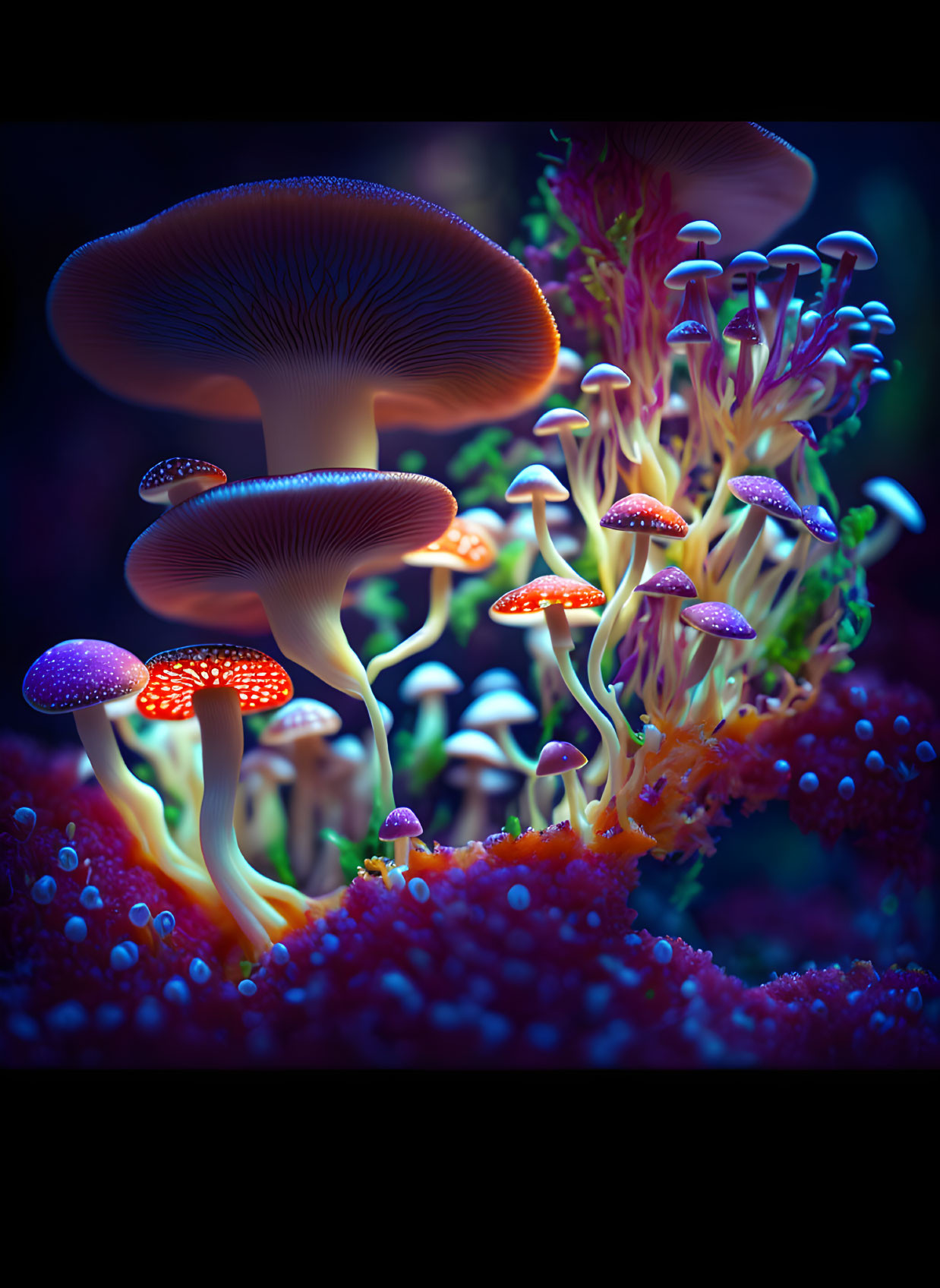 Colorful digital artwork: Whimsical glowing mushrooms in underwater scene