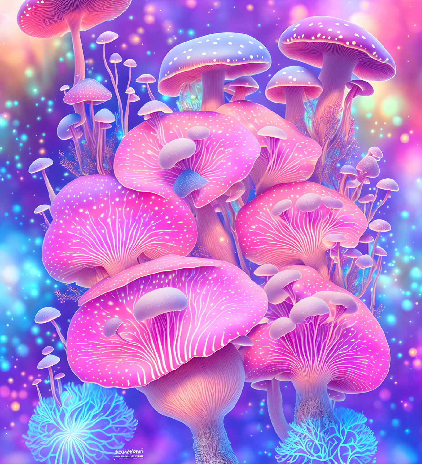 Colorful Neon Pink and Blue Mushroom Digital Art in Magical Forest