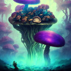 Enchanted forest with oversized luminescent mushrooms and tiny humanoid figure in ethereal hues