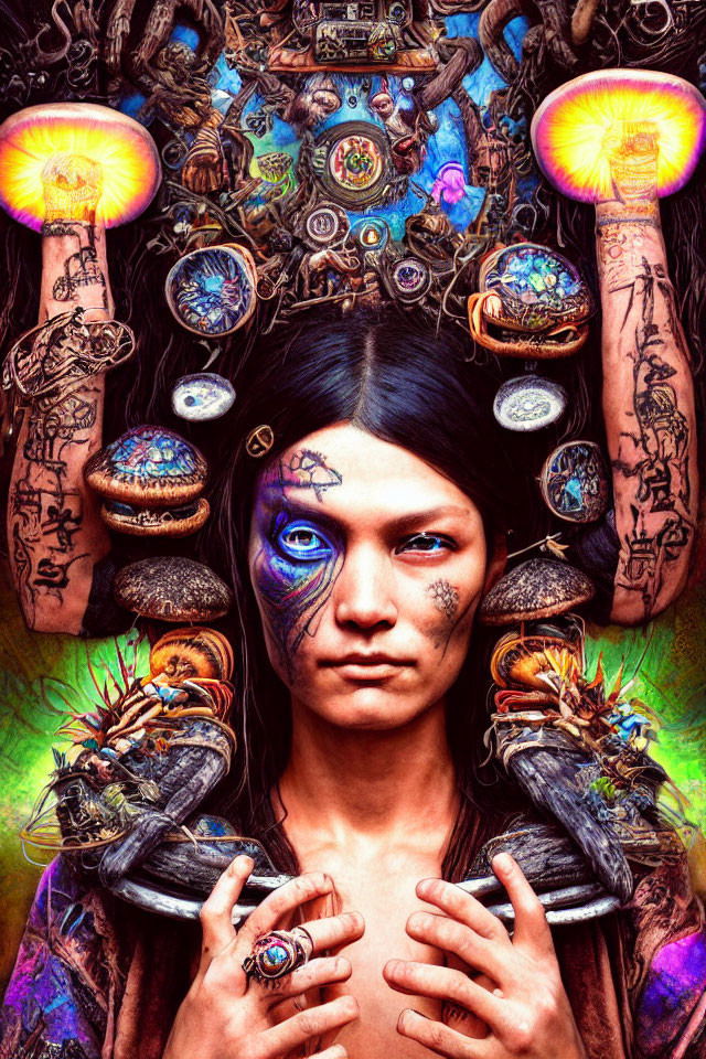 Mystical portrait of a woman with body art and ornate jewelry