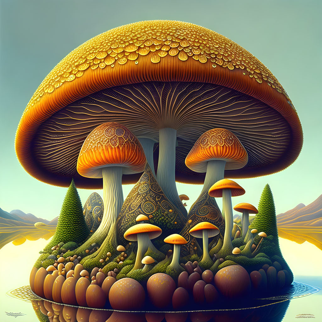 Fantastical illustration of oversized mushrooms sheltering serene landscape.