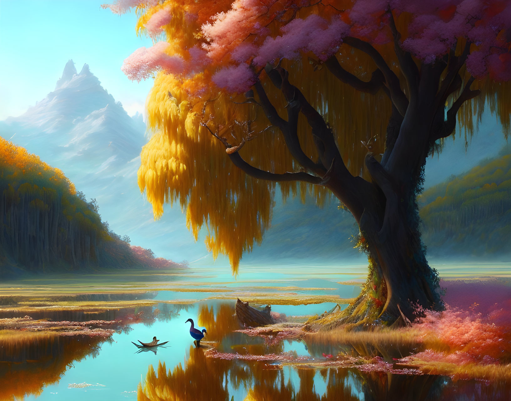 Tranquil landscape with majestic tree, pink and golden leaves, calm lake, mountain, and duck