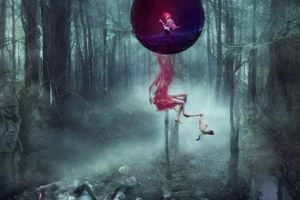 Surreal forest scene with eerie fog, person with red flowing hair reaching towards dark floating orb