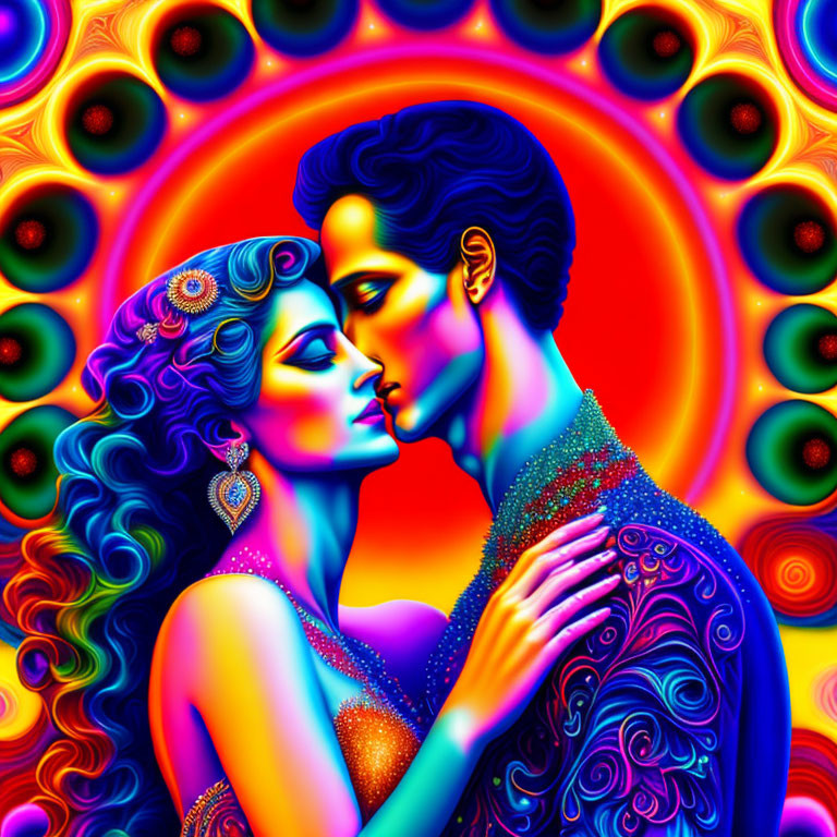 Vibrant Psychedelic Couple Embracing Illustration