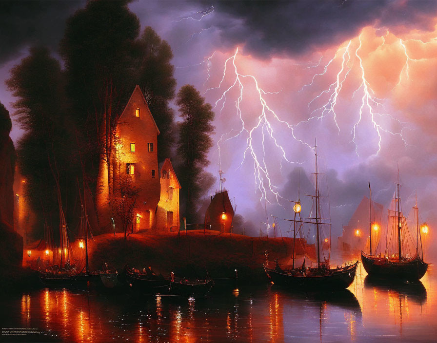 Nighttime maritime painting with lightning striking ships and village by the water