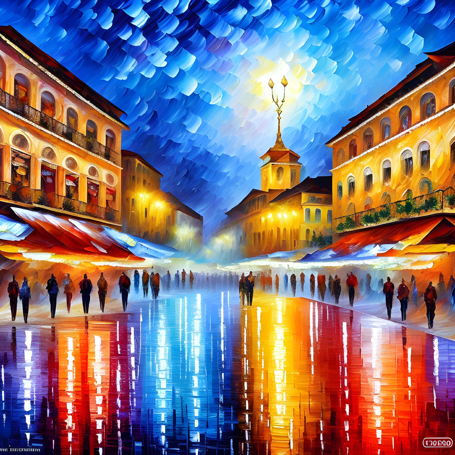 Vibrant impressionistic painting of a bustling square at dusk