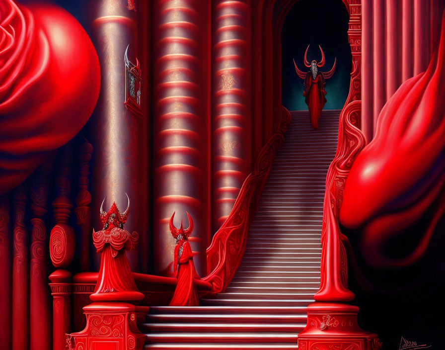 Surreal red-dominated artwork with ornate stairs, columns, and figures in horned masks