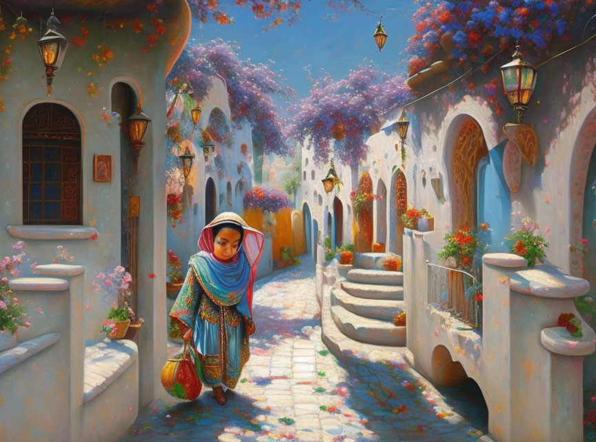 Woman carrying jug on vibrant flower-lined street with blue blossoming trees and traditional architecture.