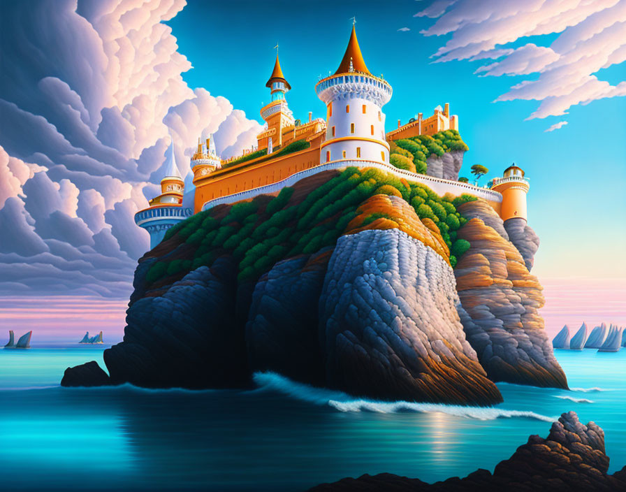 Majestic castle on rocky cliff with ocean view & dramatic sky