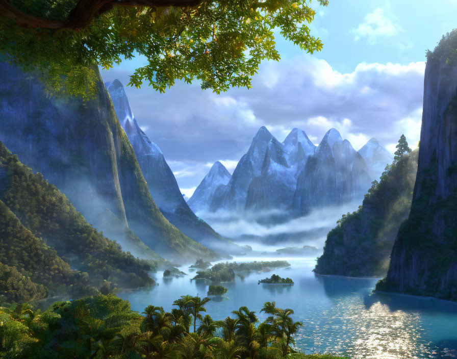 Tranquil landscape: misty mountains, lush forests, calm lake, bright sky.