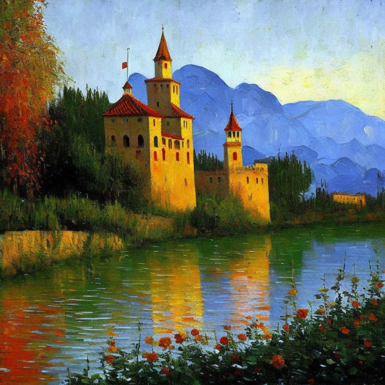 Castle painting with river, mountains, and flowers scenery