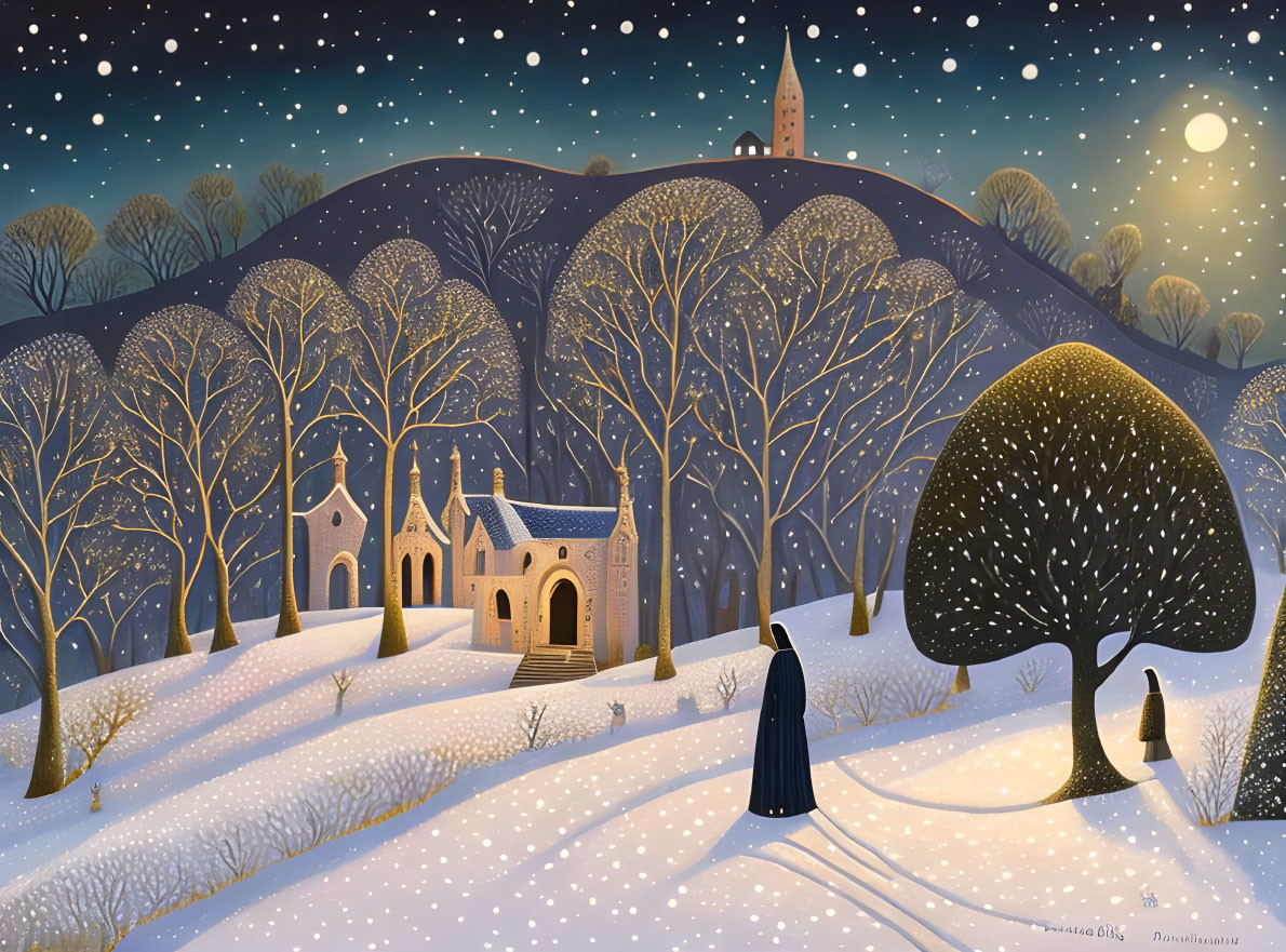 Snowy Winter Night Landscape with Cloaked Figure and Dog