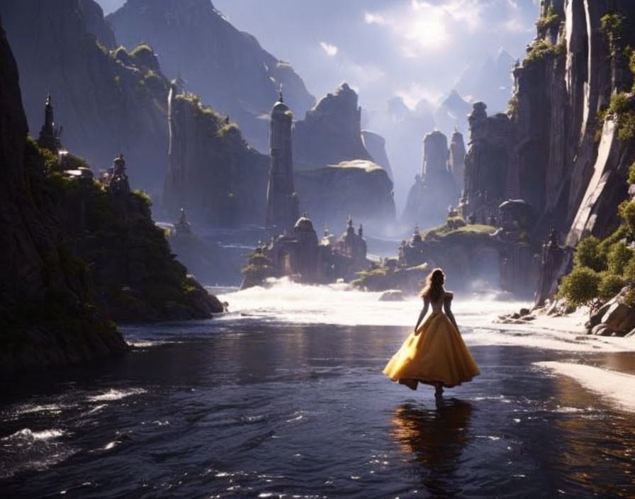 Woman in Yellow Dress in Mystical River Valley with Cliffs & Waterfalls