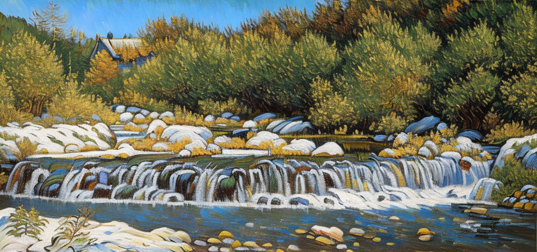 Scenic painting of cascading stream and lush green trees