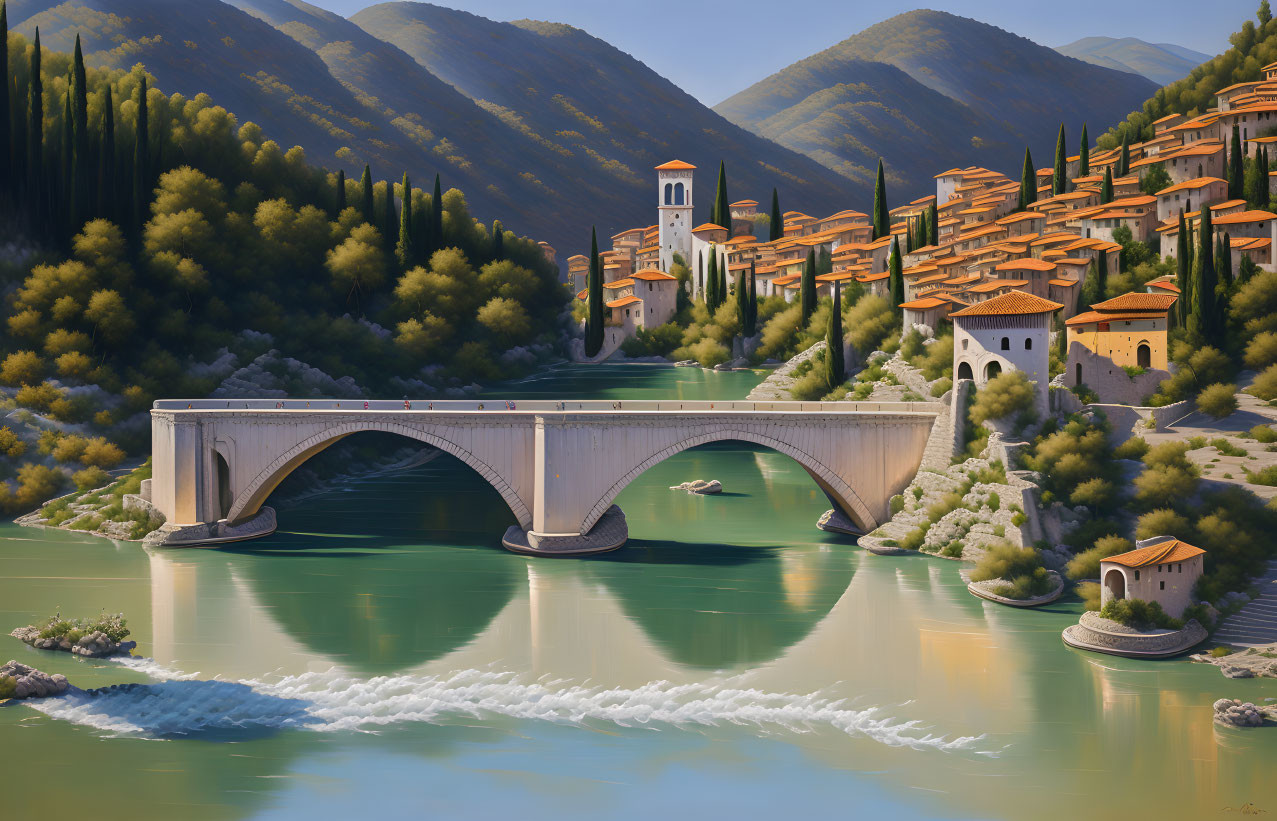 Tranquil painting of stone bridge over calm river surrounded by lush hills and Mediterranean houses