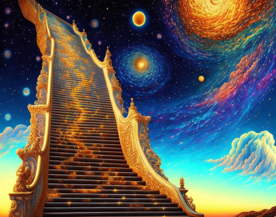 Fantastical staircase in vibrant cosmic sky with galaxies, stars, planets, and nebulae