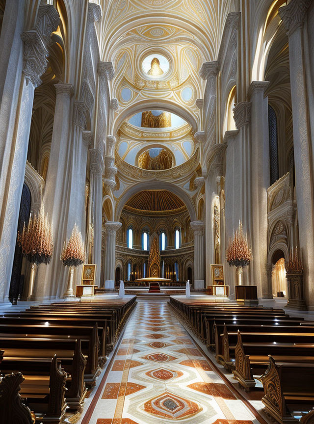 Ornate cathedral interior with vaulted ceilings and wooden pews