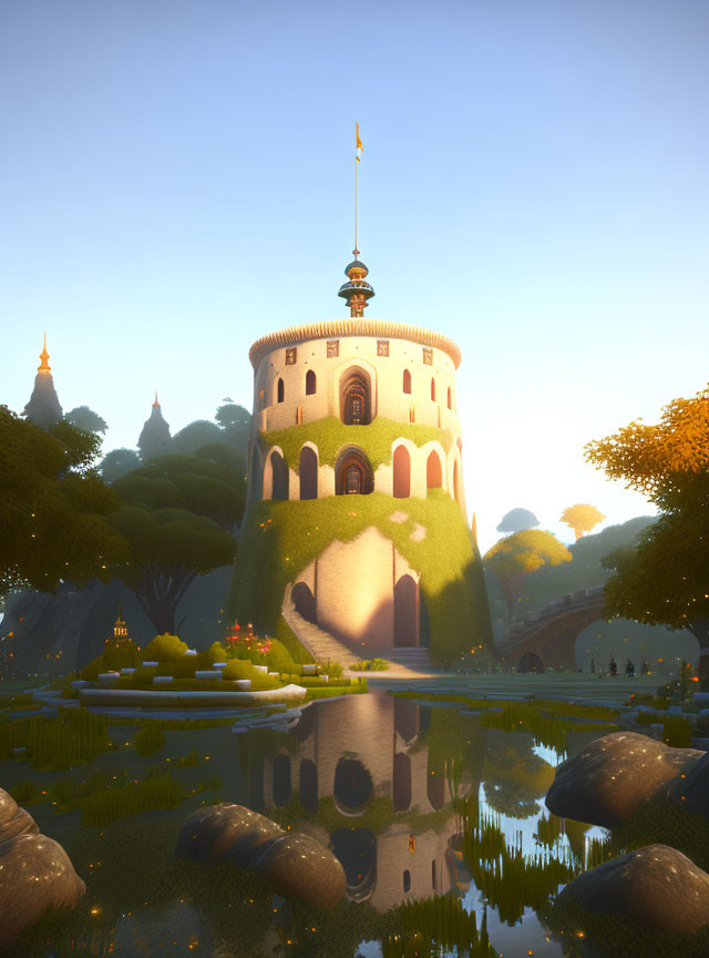 Fairytale castle at sunrise reflected in pond amid lush greenery