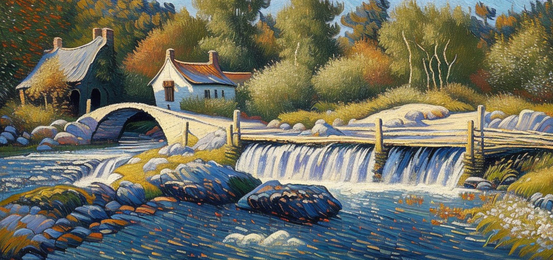 Tranquil countryside painting with stream, waterfall, stone bridge, cottages, trees