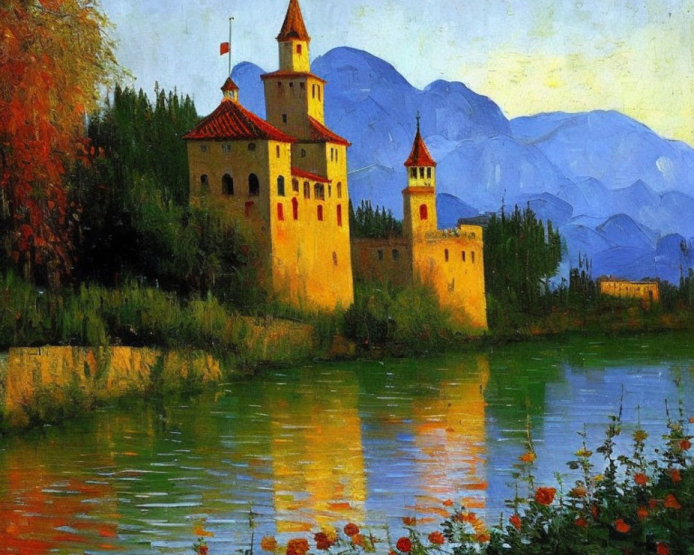 Castle painting with river, mountains, and flowers scenery