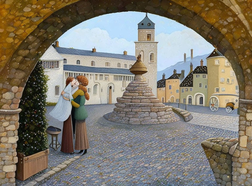 Couple embracing in cobblestone square with Christmas tree, fountain, and historical buildings.