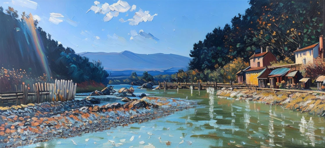 Tranquil landscape: river, rural houses, autumn trees, mountains, blue sky.