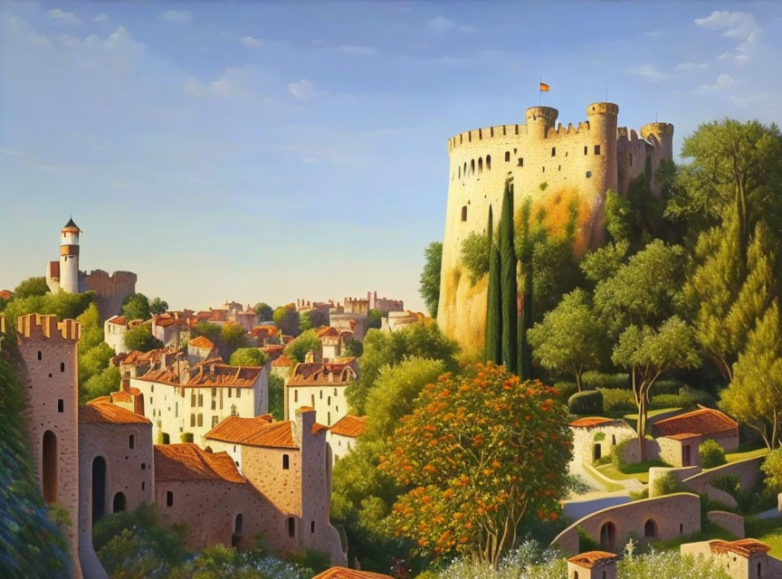 Medieval town painting with castle, trees, and blue sky