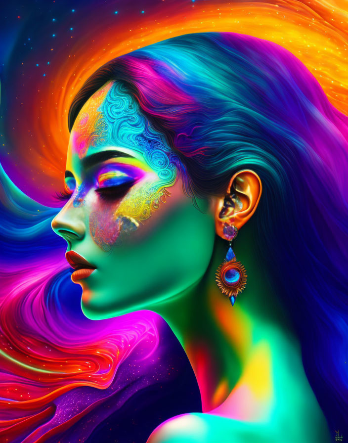 Colorful digital portrait of a woman with neon hair and cosmic backdrop