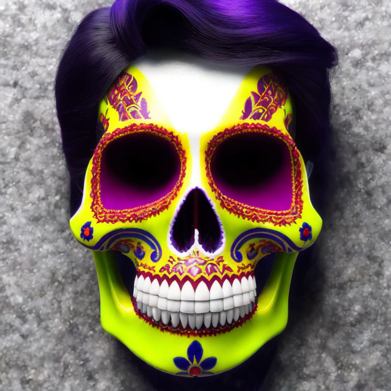 Colorful Day of the Dead Skull Artwork with Dark Hair on Textured Background