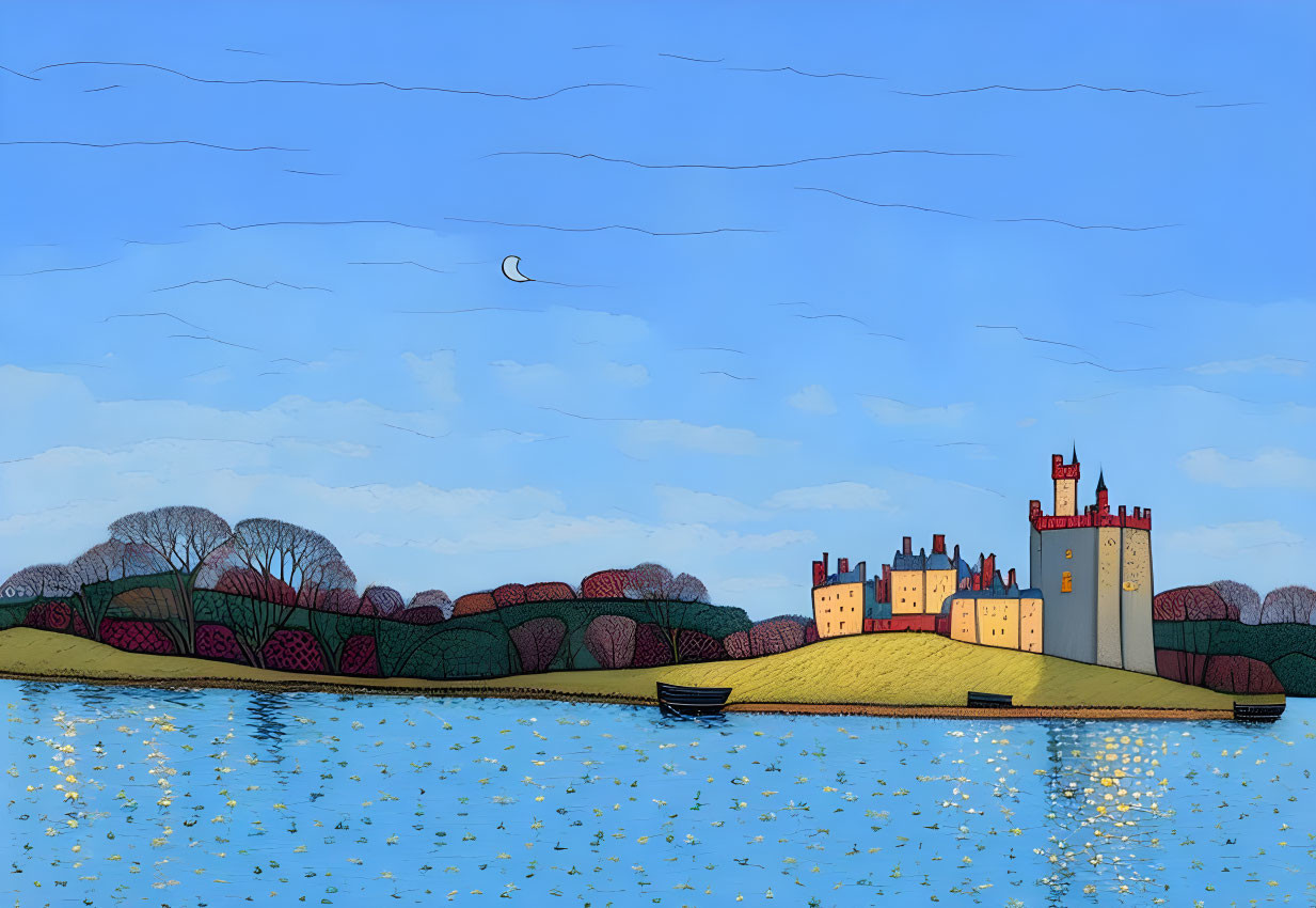 Illustrated landscape: Castle by lake, blue sky, crescent moon, colorful trees