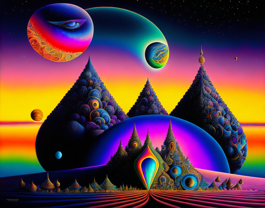 Colorful surreal landscape with pyramidal trees and tear-shaped portal