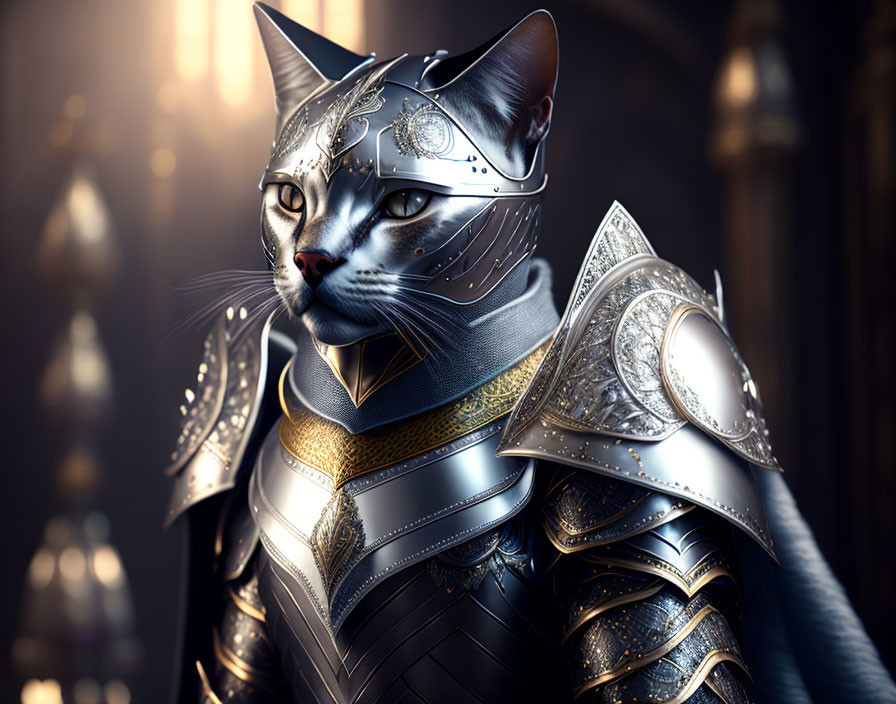 Anthropomorphic cat in medieval armor on soft bokeh background