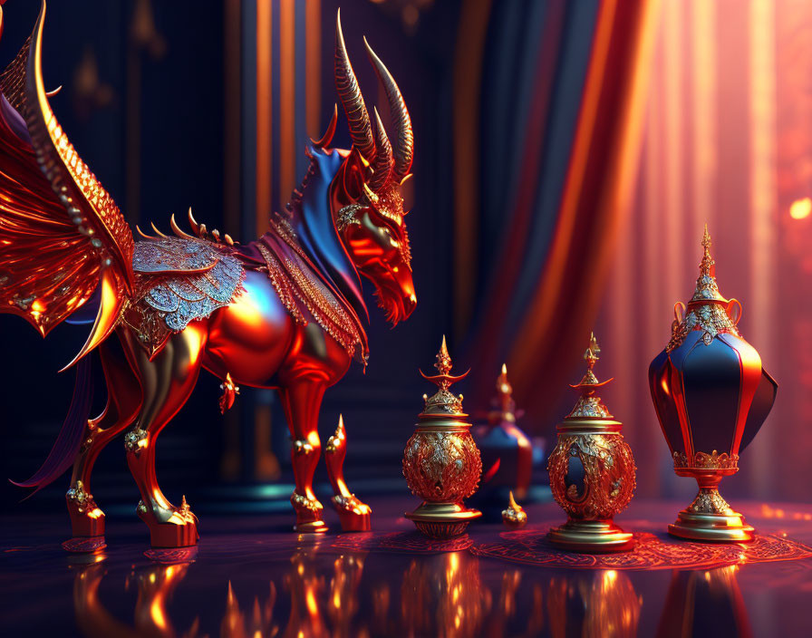 3D illustration of red and gold mythical creature in regal room