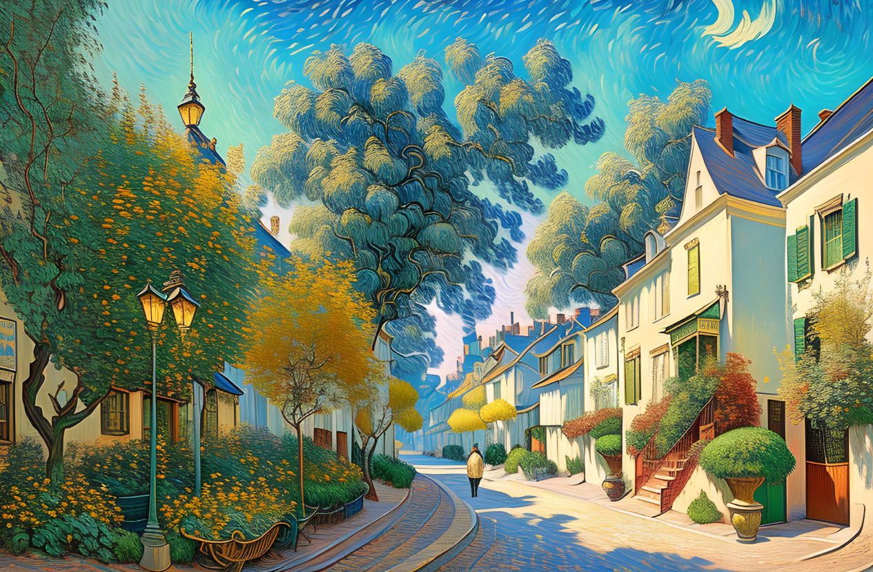 Colorful houses, lanterns, and lush trees on whimsical street