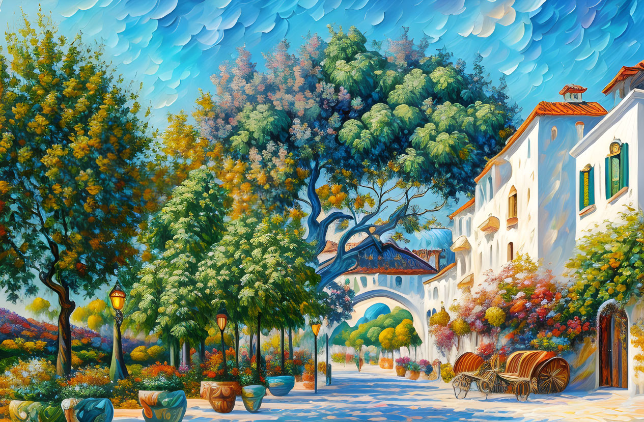 Colorful painting of Mediterranean village street with trees, houses, flowers, and cart under blue sky