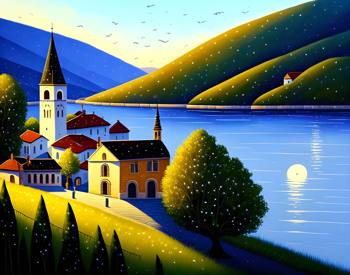 Picturesque village by river at sunset with church, houses, birds, and starry sky.