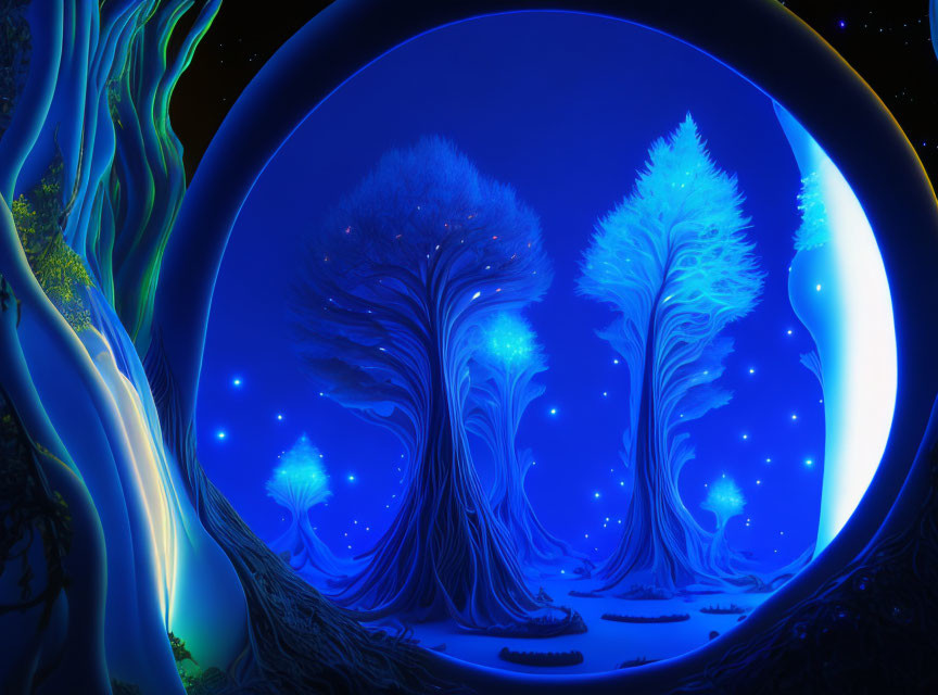 Mystical forest with glowing blue trees under crescent moon