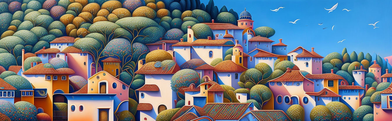 Colorful Stylized Village Landscape with Round Trees and Buildings