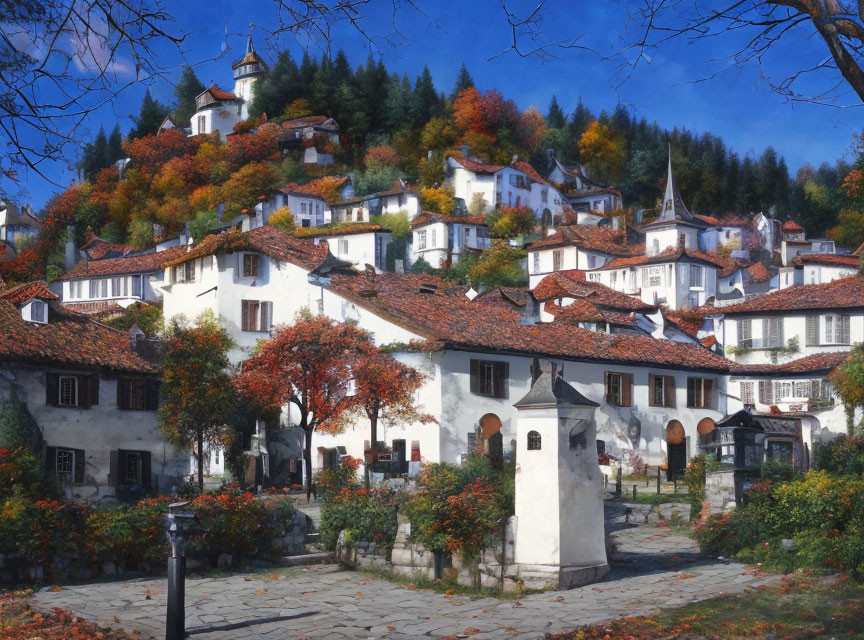 Traditional white houses with terracotta roofs in autumnal village scenery