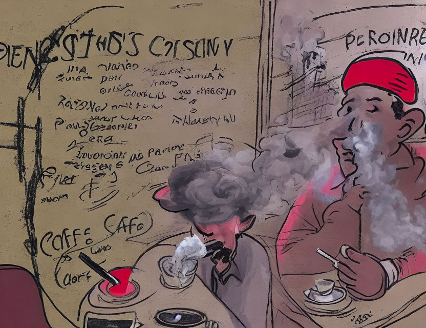 Illustration of person in red hat exhaling smoke at cafe table among graffiti walls